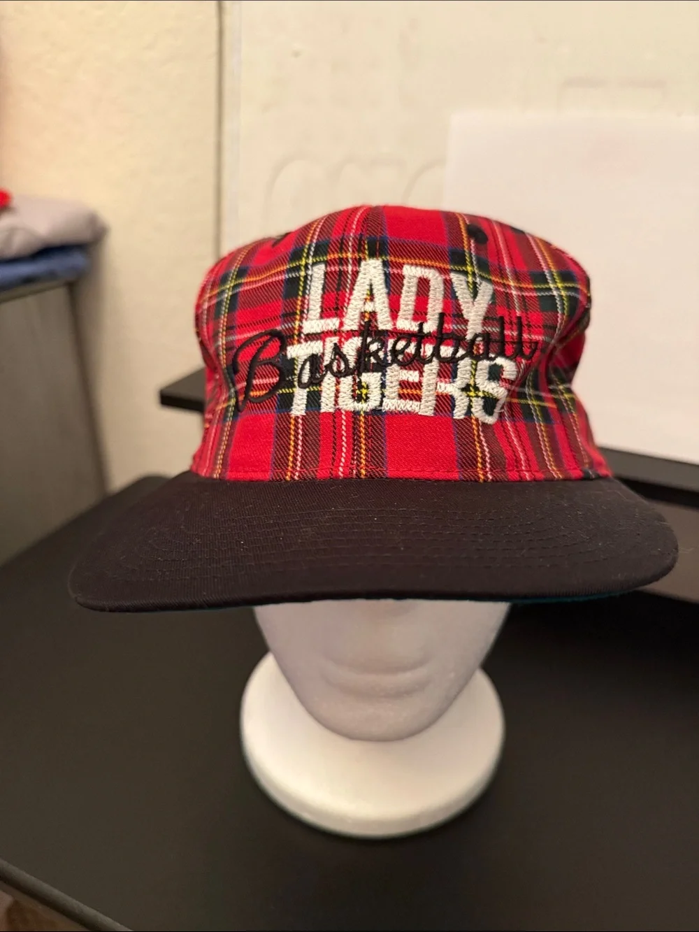 Red Plaid 'Lady Tigers' Baseball Cap with Black Brim